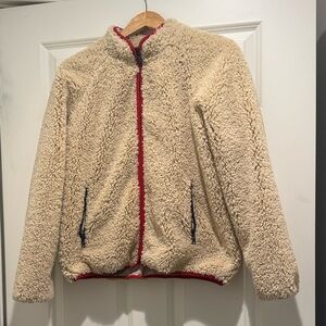 Mother faux fur Cozy Cream Sherpa Jacket with Red Trim